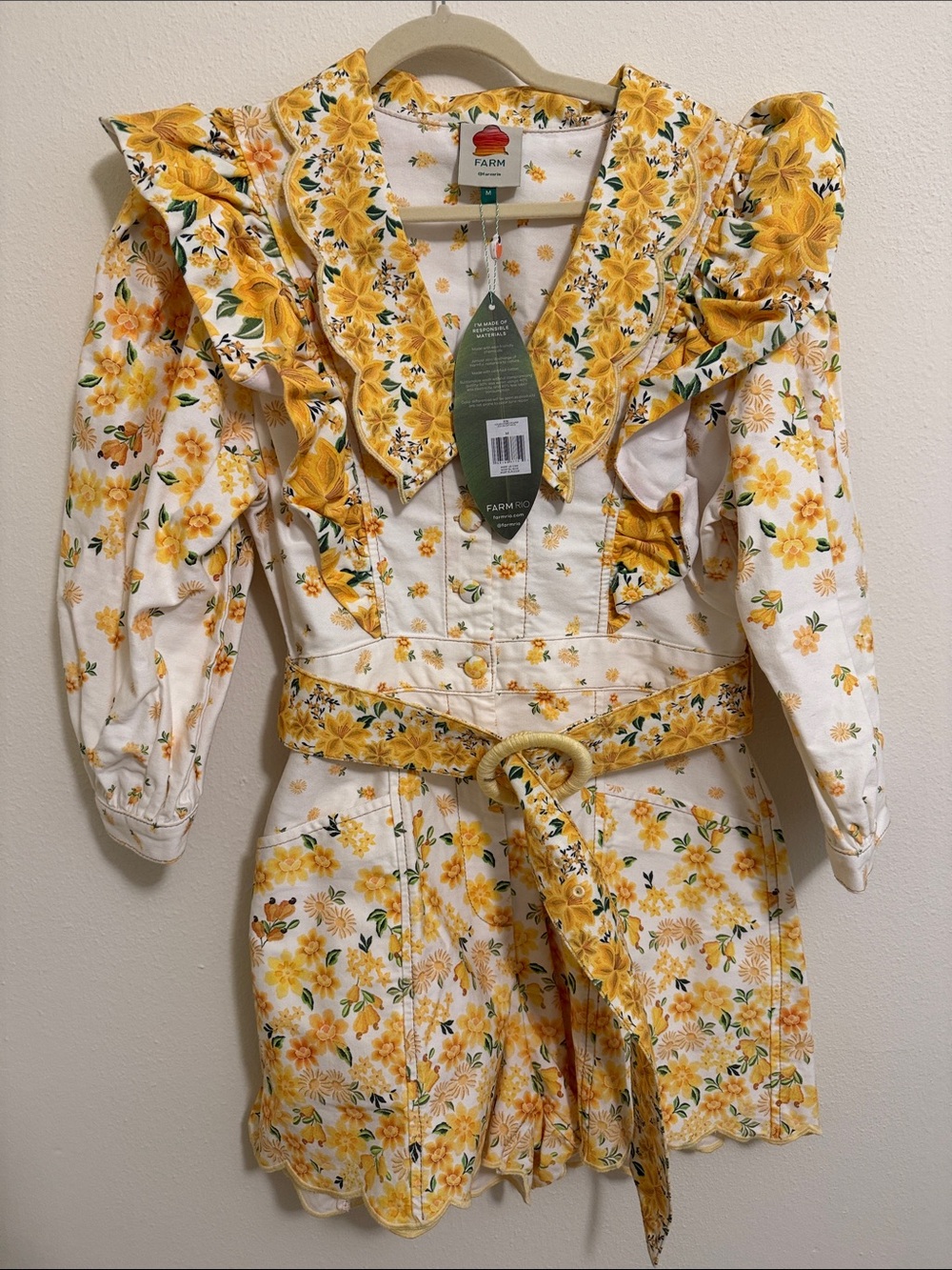 FARM Rio Yellow Floral Ruffled Belted Romper